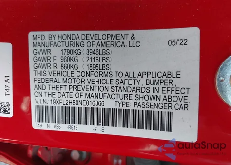 2022 Honda Civic Sport from USA, damaged, VIN 19XFL2H80NE016866